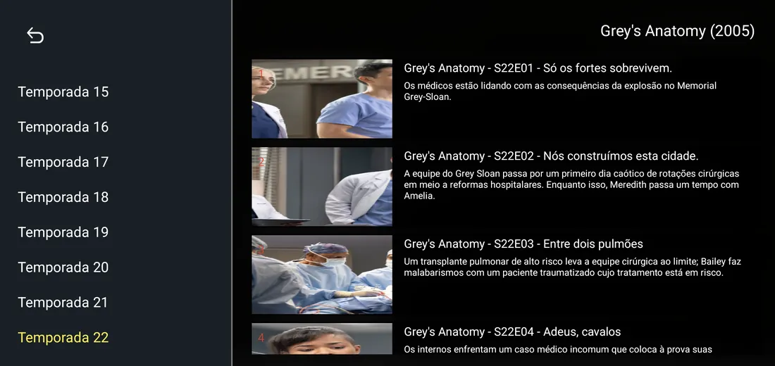 Lista de episódios por temporada com sinopses