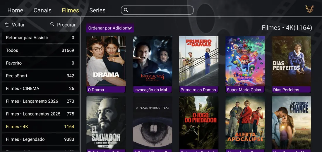 Grade de filmes em 4K com capas