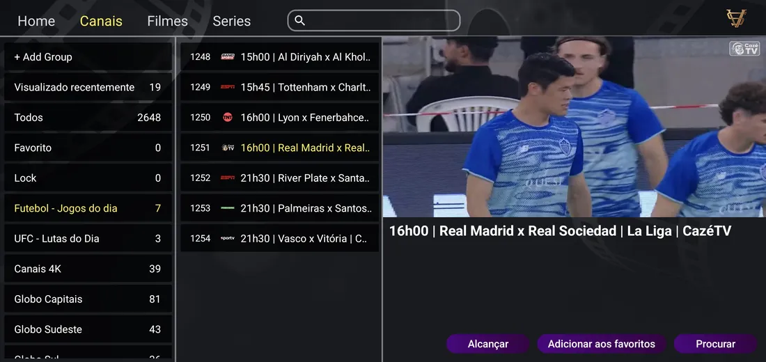 Categoria Jogos do dia, com horários e canais de cada partida